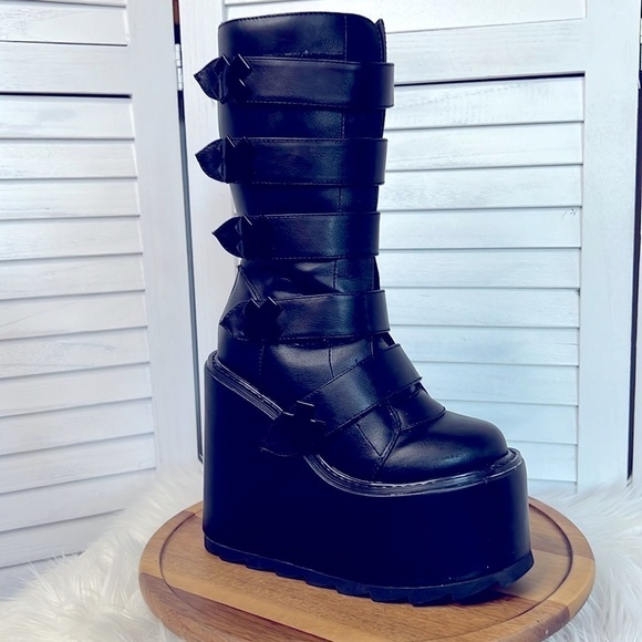 YRU Black Matte  Dune Strapped Platform Boots DOLLS KILL Size 5 Goth Gothic* - Picture 1 of 7